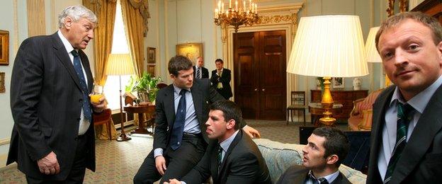 Willie John McBride with Gordon D'Arcy, Denis Leamy and Rob Kearney after Ireland's 2009 Six Nations Grand Slam