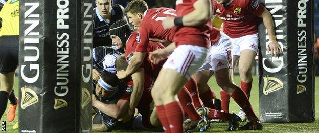 Munster are unable to stop the raw power of prop Sila Puafisi as he scores a try at Rugby Park