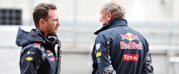 Red Bull Racing Team Principal Christian Horner talks with Red Bull Racing Team Consultant Dr Helmut Marko