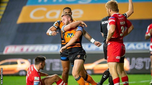 Danny Richardson celebrates his try