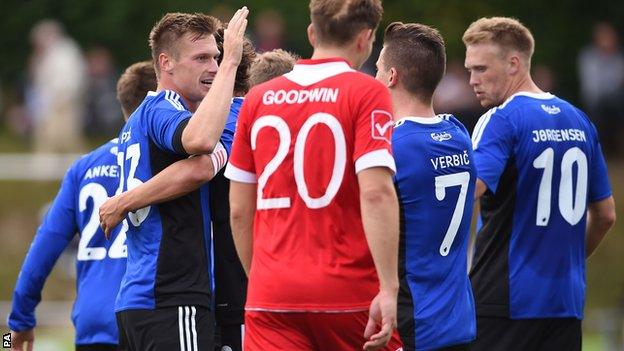 FC Copenhagen celebrate a goal at Latham Park