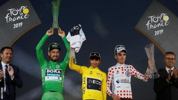 (l-r) Peter Sagan, Egan Bernal and Romain Bardet