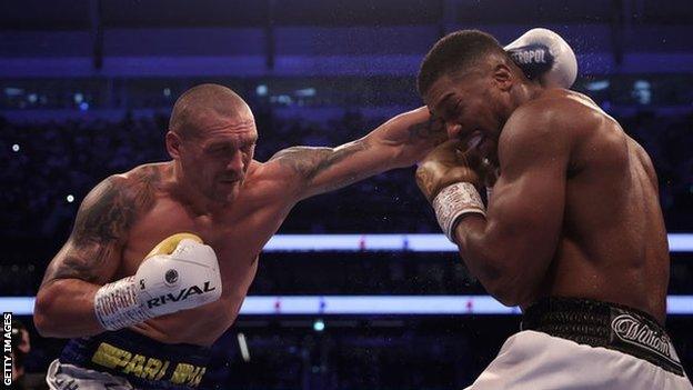 Anthony Joshua in action against Oleksasndr Usyk