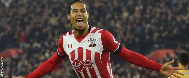 Virgil Van Dijk celebrates scoring a goal for Southampton