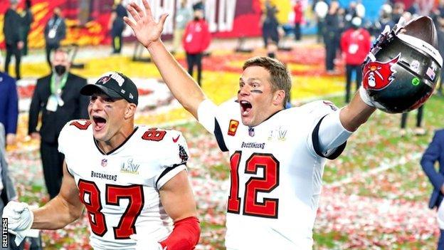 Rob Gronkowski and Tom Brady celebrate winning Super Bowl 55