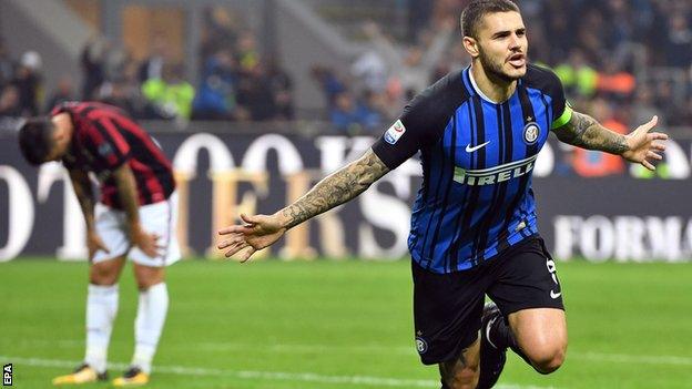 Mauro Icardi celebrates after scoring for Inter Milan against AC Milan