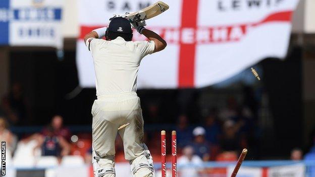 A reverse angle of England batsman Joe Denly getting bowled by West Indies bowler Alzarri Joseph after leaving the ball