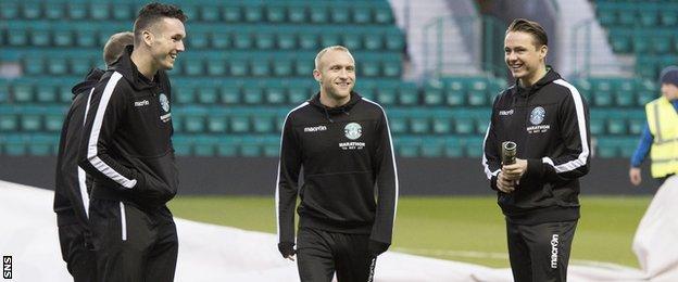 John McGinn, Dylan McGeouch and Scott Allan of Hibernian at Easter Road