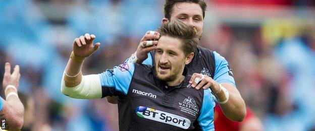 Henry Pyrgos celebrates scoring a try for Glasgow Warriors in the Pro12 final