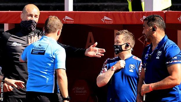 Steve Borthwick, referee Ian Tempest and Pat Lam