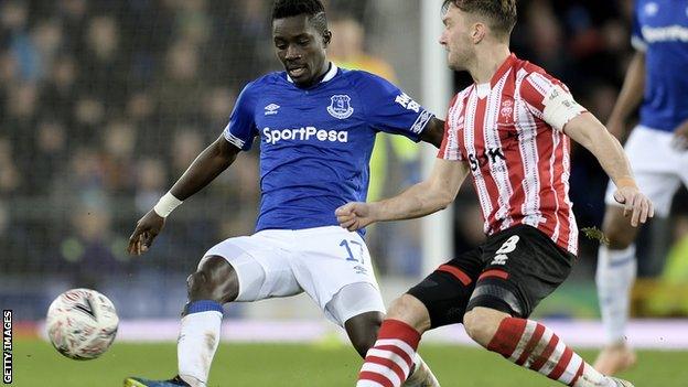 Everton midfielder Idrissa Gueye makes a challenge during the FA Cup third-round tie against Lincoln City