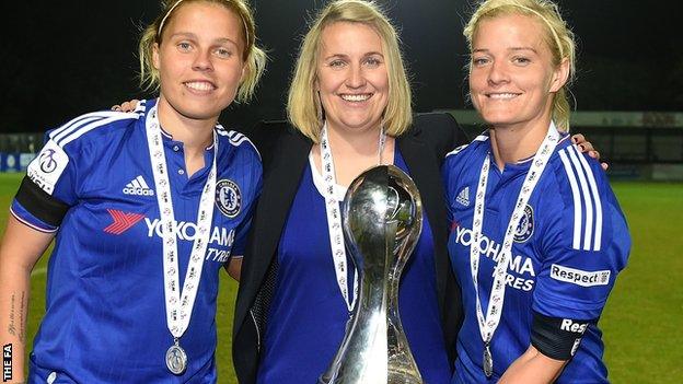 Gilly Flaherty (left) Emma Hayes and Katie Chapman