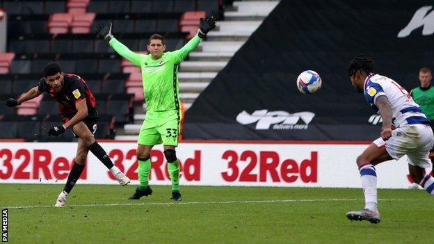 Dominic Solanke scores his second and Bournemouth's fourth goal against Reading