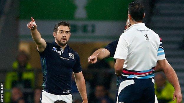 Scotland captain Greig Laidlaw appeals to referee Craig Joubert after he awarded Australia a last-gasp penalty