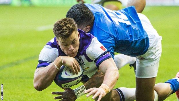 Huw Jones scores Scotland's second try against Samoa