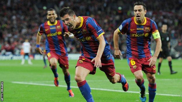 David Villa celebrates scoring for Barcelona in the 2011 Champions League final