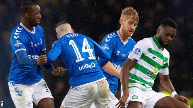 Rangers' Glen Kamara and Filip Helander and Celtic's Odsonne Edouard