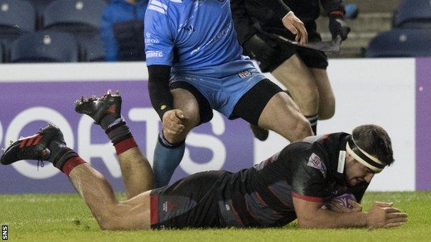 Stuart McInally scores a try for Edinburgh against London Irish