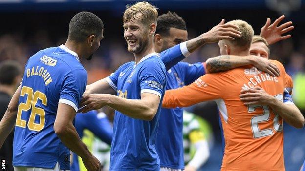 Filip Helander, second left, scored yet another Old Firm set-piece goal for Rangers to decide the derby