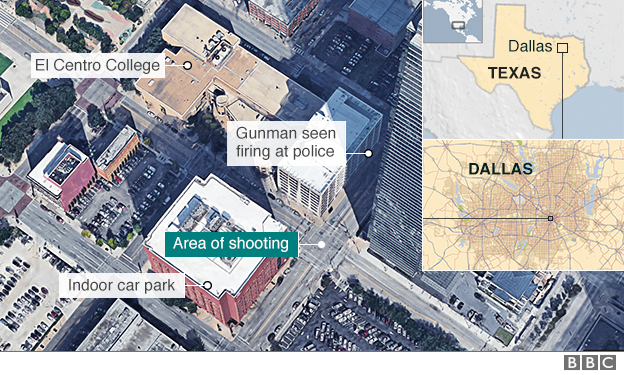 Map of Dallas showing where the shootings took place