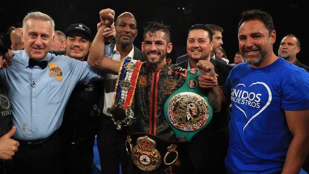 Jorge Linares celebrates his victory over Luke Campbell