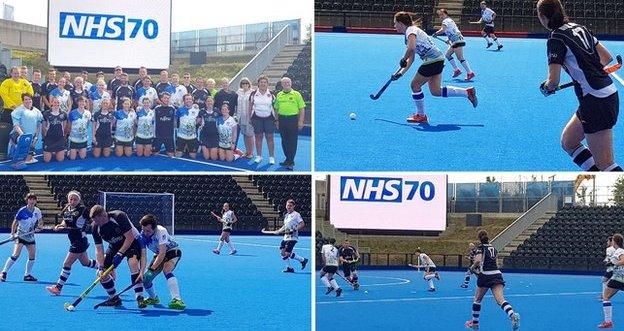 Action from the NHS v Navy hockey match at Lee Valley Hockey and Tennis centre in east London