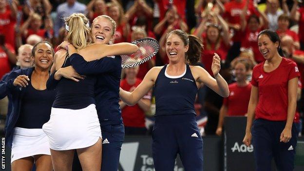 GB's Fed Cup team celebrate victory over Kazakhstan