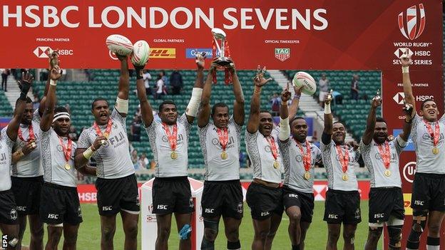 Fiji celebrate winning the London Sevens