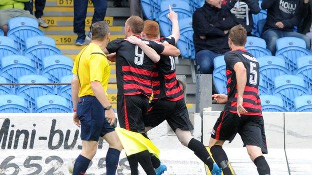 Coleraine players congratulate Sammy Morrow who scored his side's opening goal against Ballymena