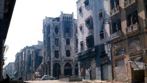 Damaged buildings in Beirut in 1980