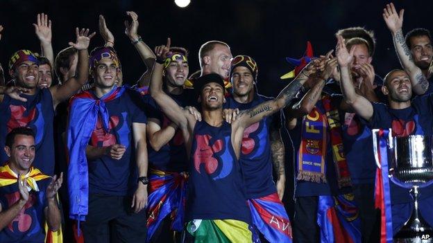 Neymar celebrates Champions League success (8 June)