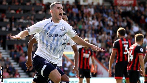 Michael Keane celebrates scoring for Everton against Bournemouth