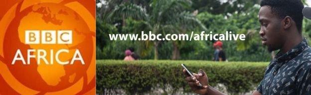 A composite image showing the BBC Africa logo and a man reading on his smartphone.