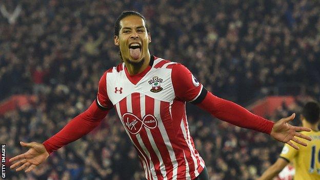 Virgil Van Dijk celebrates scoring a goal for Southampton