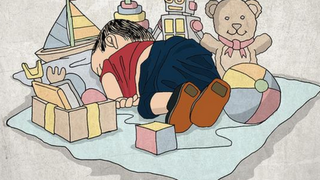 Tweet with cartoon of dead child surrounded by toys, with the caption "In a better place"