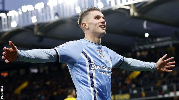 Viktor Gyokeres celebrates his goal for Coventry at Watford