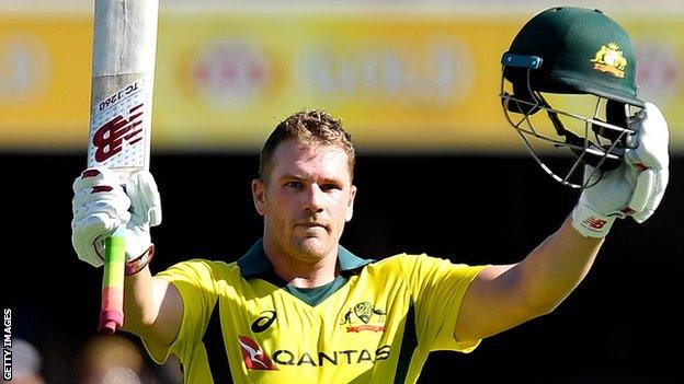 Australia opener Aaron Finch celebrates scoring a century in the second ODI against England