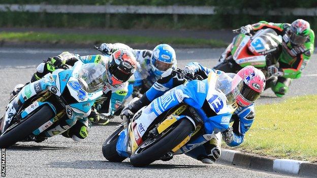 Lee Johnston leads from Alastair Seeley in the first Supersport race of 2019