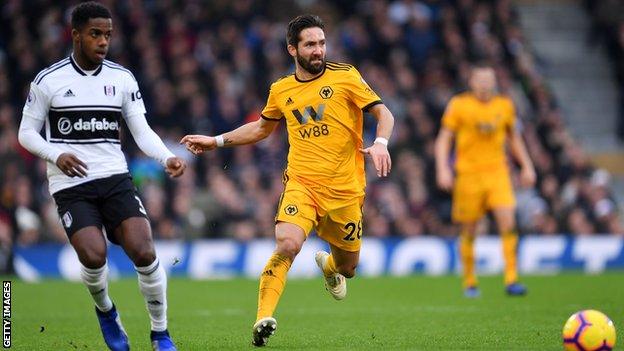 Wolves midfielder Joao Moutinho goes to play the ball against Fulham