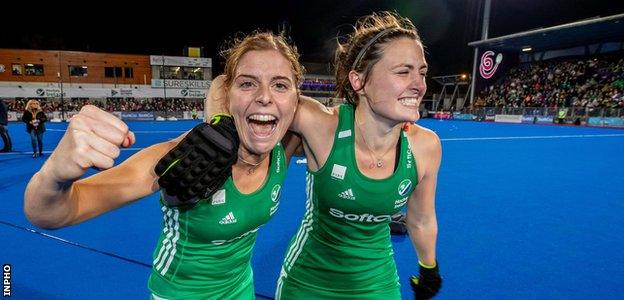 Katie Mullan celebrates with Roisin Upton after Ireland's Olympic qualification