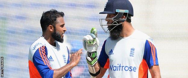 Adil Rashid and Moeen Ali in the nets for England in Dubai