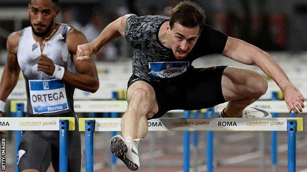 Russia's Sergey Shubenkov competes to win the Men's 110m Hurdles during the IAAF Diamond League competition on June 6, 2019 at the Olympic stadium in Rome.