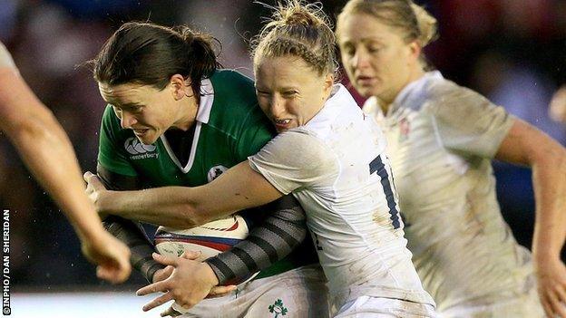 Ireland's Jackie Shiels is tackled by England's Emily Scott during the international in November