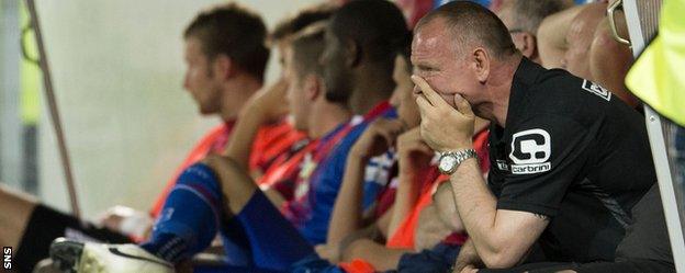 Caley Thistle boss John Hughes looks disappointed in the dugout