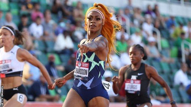 Sha'Carri Richardson competing in the women's 100m event at the 2020 US Olympic Track & Field Team Trials in Eugene, Oregon