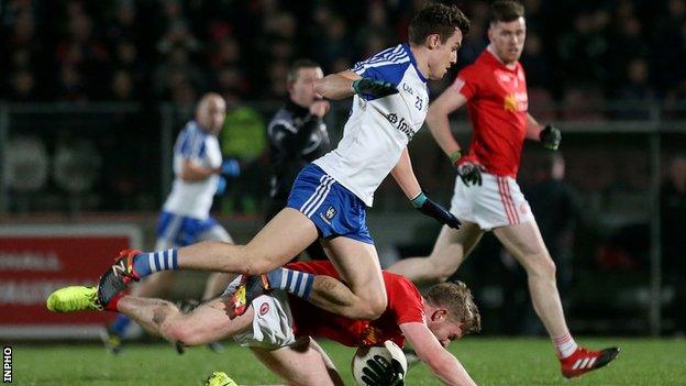 Monaghan's Thomas Kerr takes a tumble during the Healy Park clash against the Red Hands