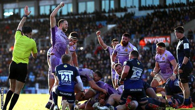 Exeter celebrate Ben Moon's try