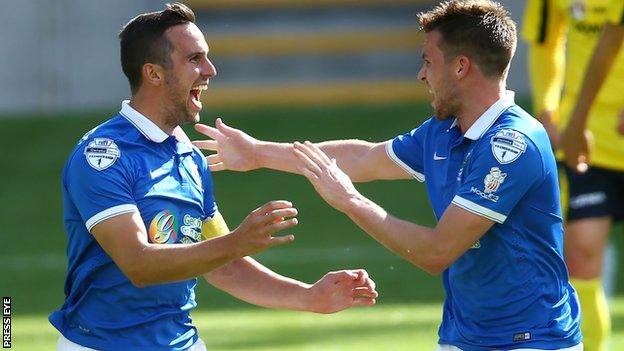 A delighted Andrew Waterworth celebrates his first goal against Dungannon