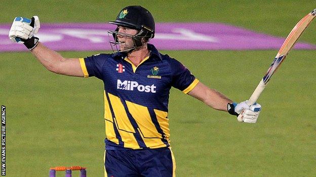 Chris Cooke celebrates after hitting the winning runs for Glamorgan against Kent