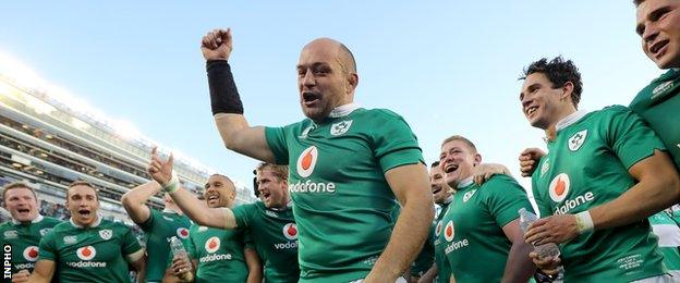 Rory Best celebrates with his Ireland team-mates after the country's historic first win over the All Blacks last November